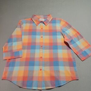 Country Store Women L Plaid Button Down Shirt 100% Cotton 3/4 Sleeve Multi Color
